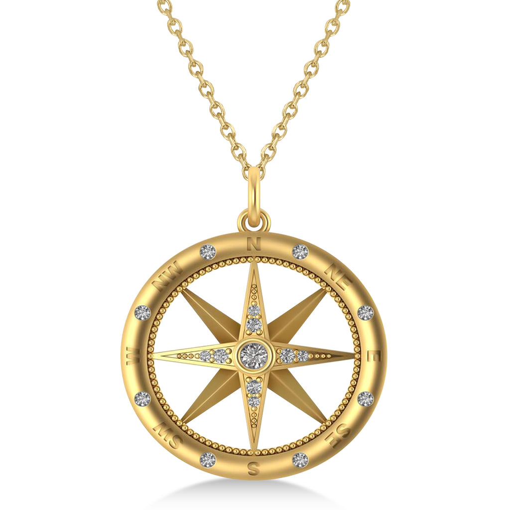 Compass Necklace Pendant For Men Lab Diamond Accented 14k Yellow Gold (0.38ct)