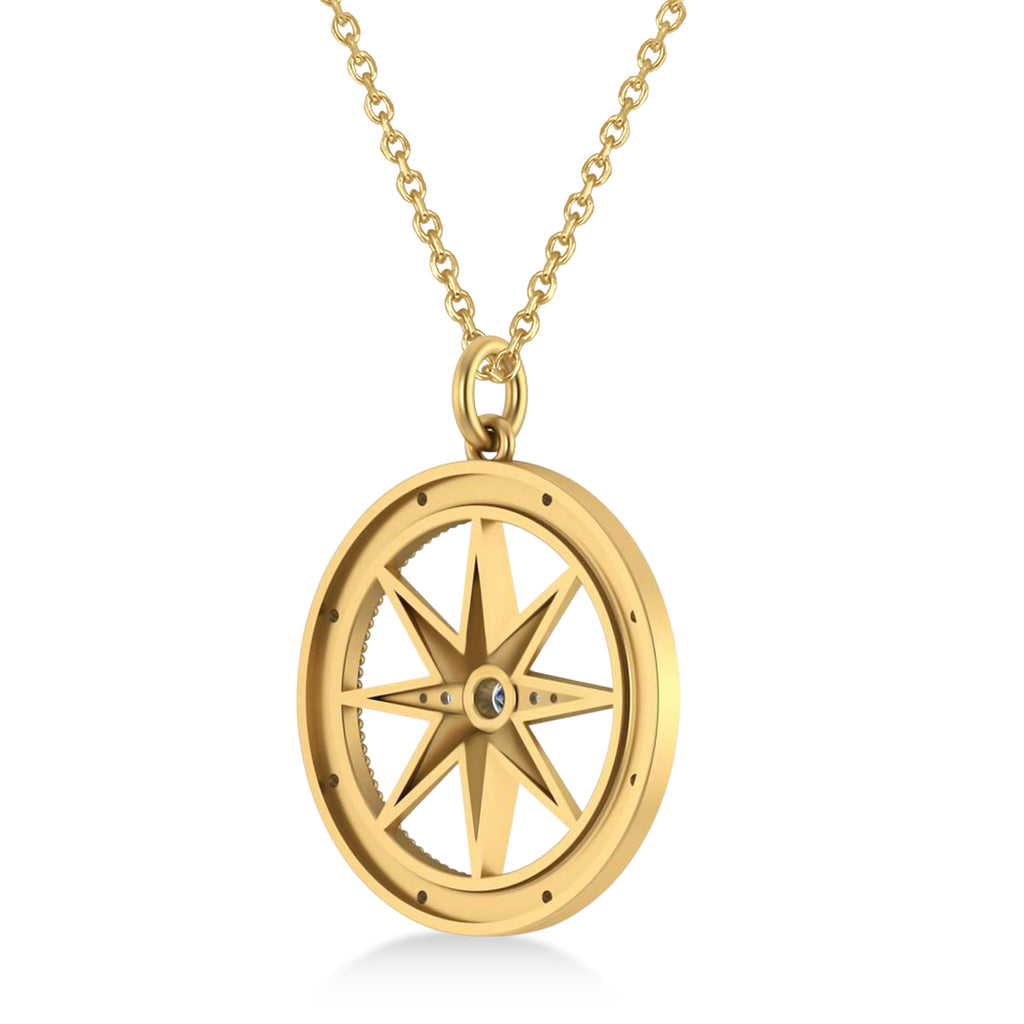 Compass Necklace Pendant For Men Lab Diamond Accented 14k Yellow Gold (0.38ct)