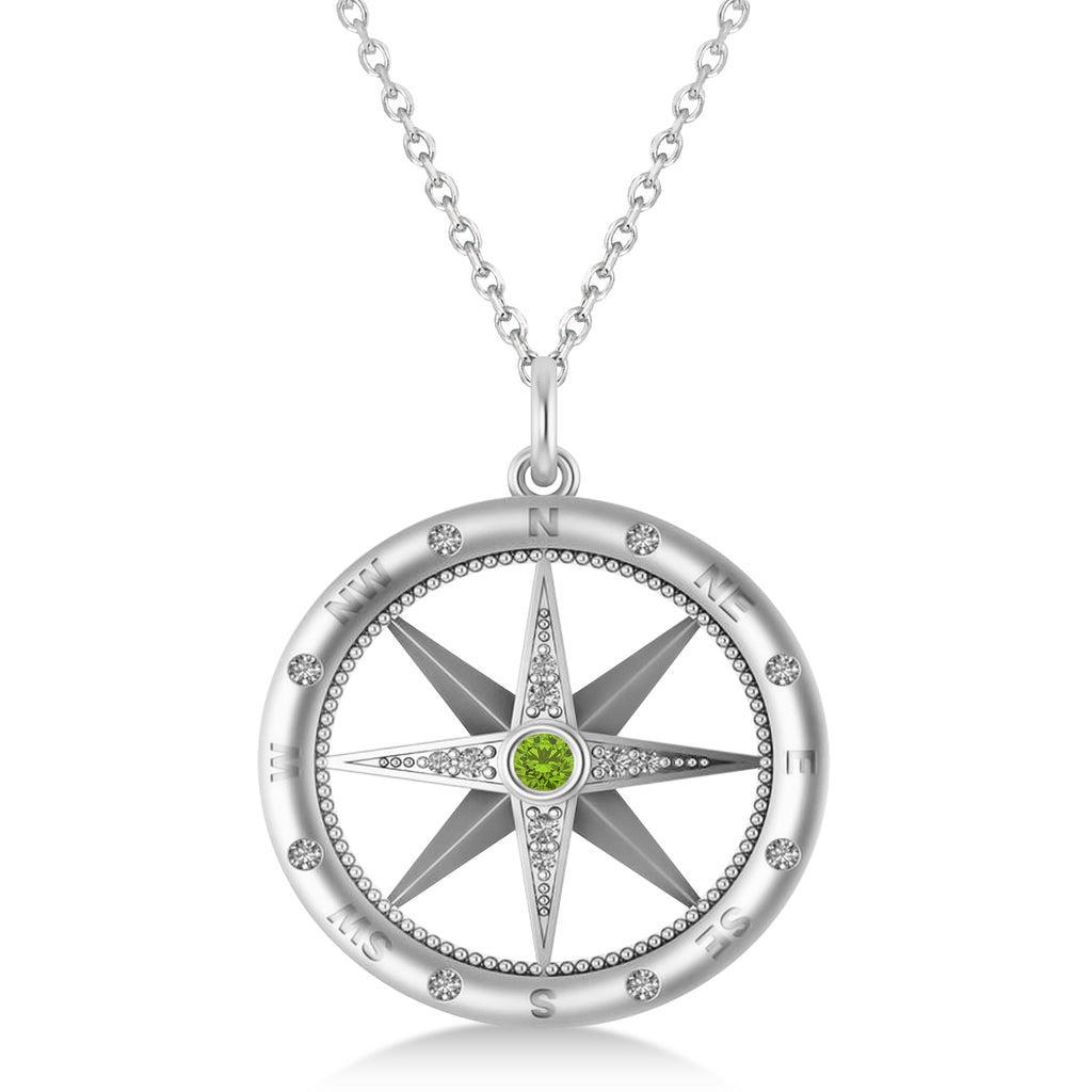 Compass Pendant For Men Peridot & Diamond Accented 14k White Gold (0.38ct)