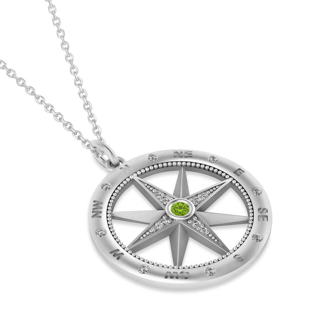 Compass Pendant For Men Peridot & Diamond Accented 14k White Gold (0.38ct)