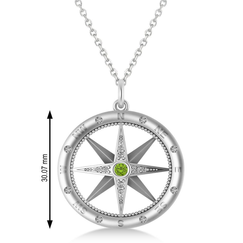 Compass Pendant For Men Peridot & Diamond Accented 14k White Gold (0.38ct)