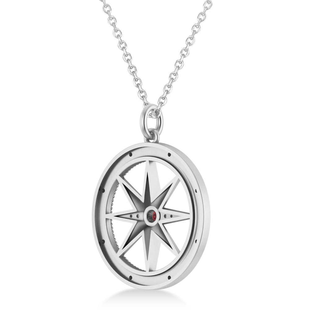 Compass Pendant For Men Ruby & Diamond Accented 14k White Gold (0.38ct)