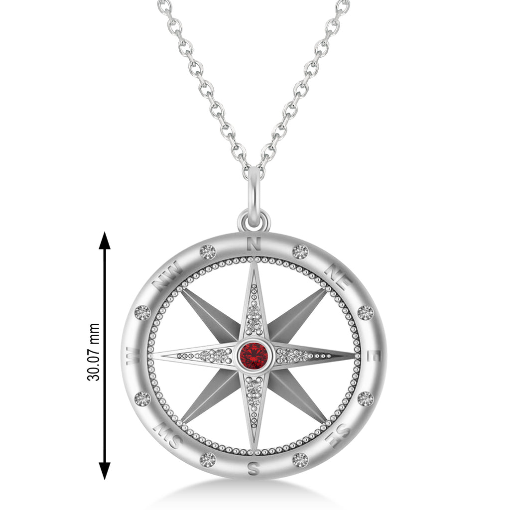 Compass Pendant For Men Ruby & Diamond Accented 14k White Gold (0.38ct)