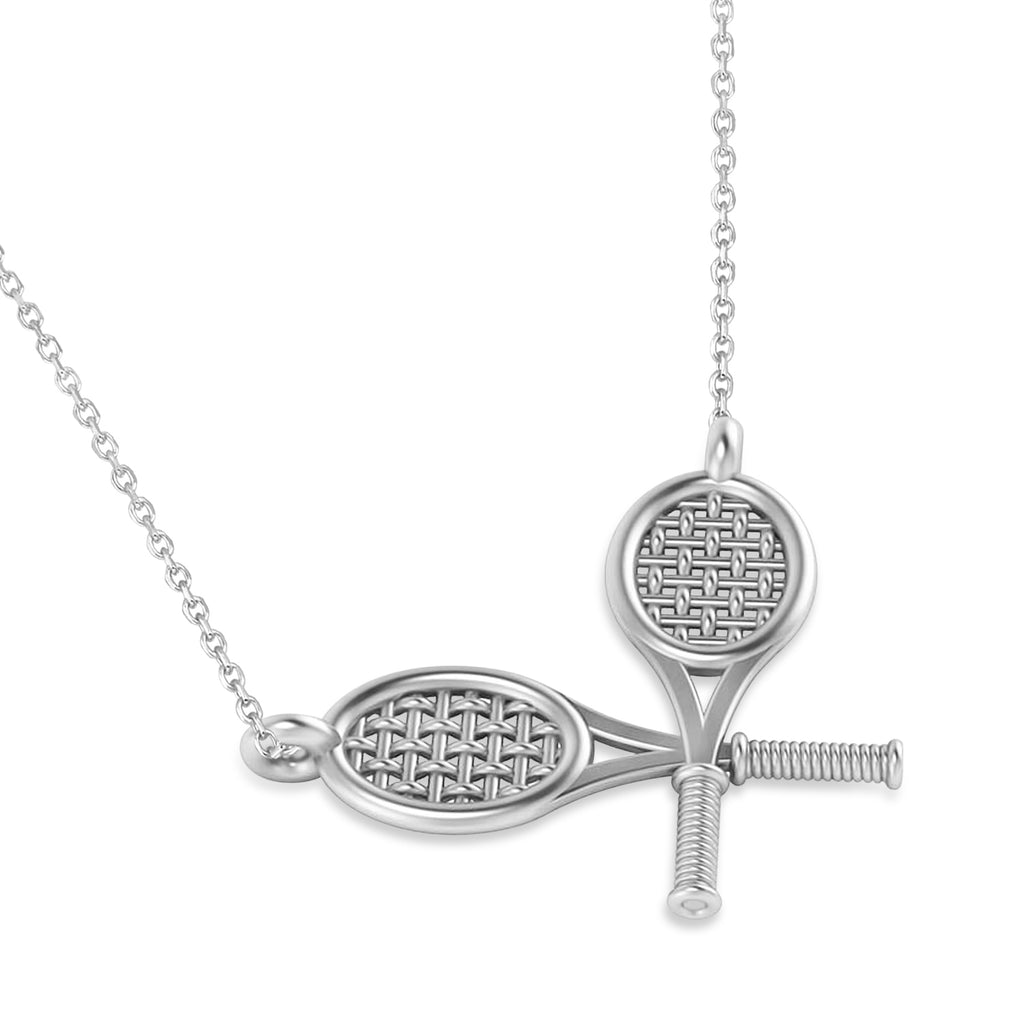 Double Tennis Racket Charm Pendant Necklace 18K White Gold