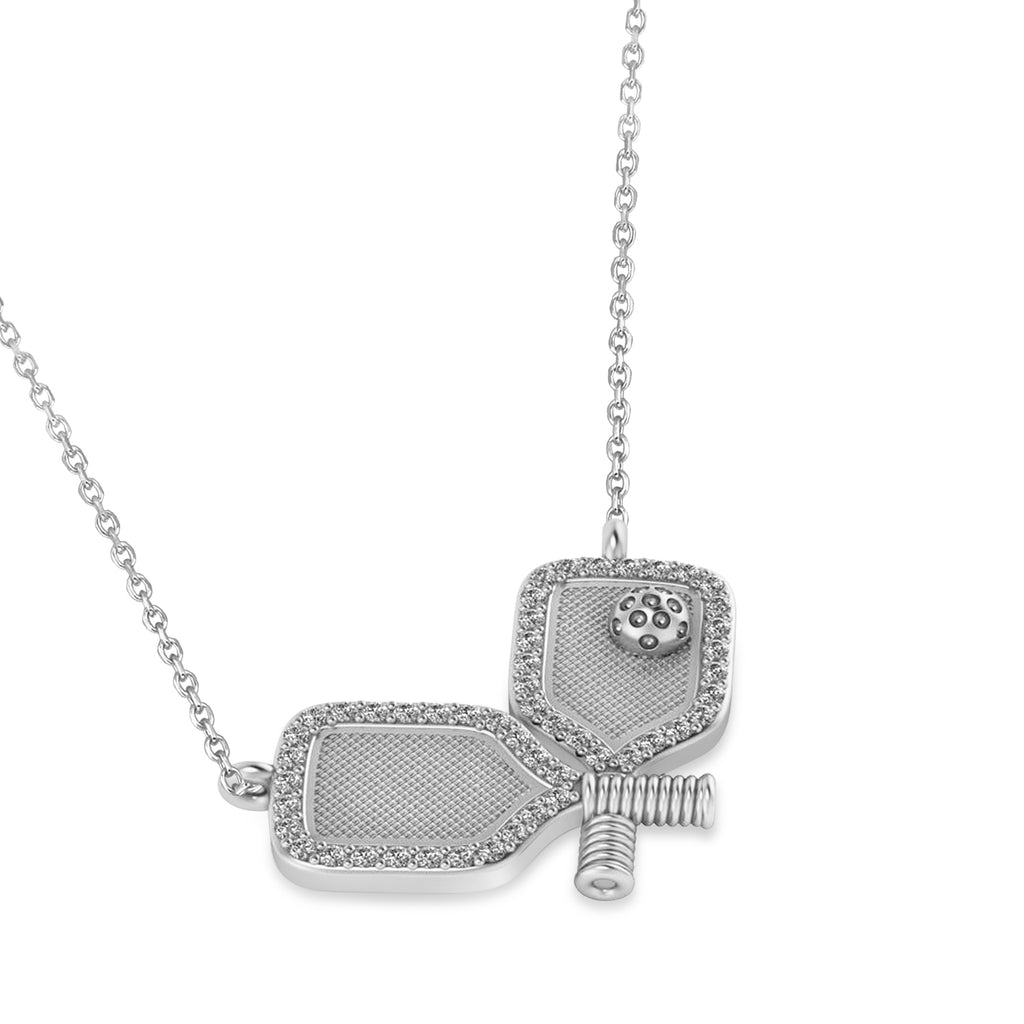 Diamond Dual Pickleball Paddles Pendant Necklace 14K White Gold (0.25ct)