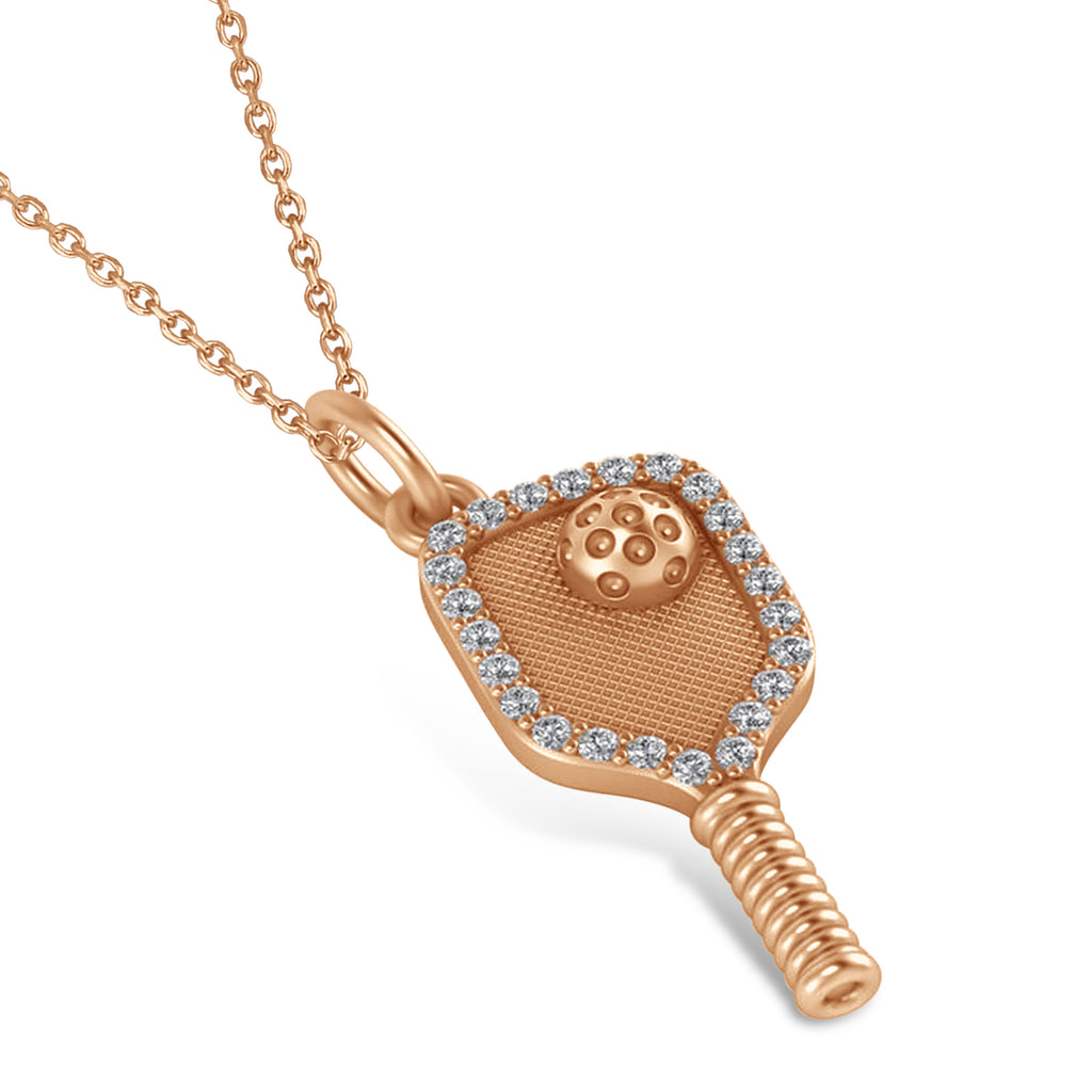 Diamond Pickleball Paddle Pendant Necklace 14k Rose Gold (0.24ct)