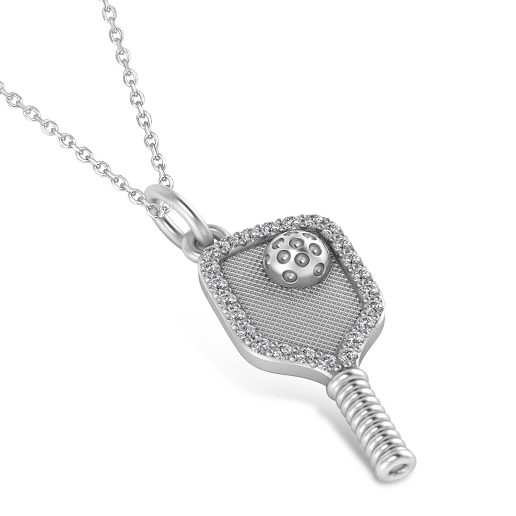 Diamond Pickleball Paddle Pendant Necklace 14k White Gold (0.24ct)