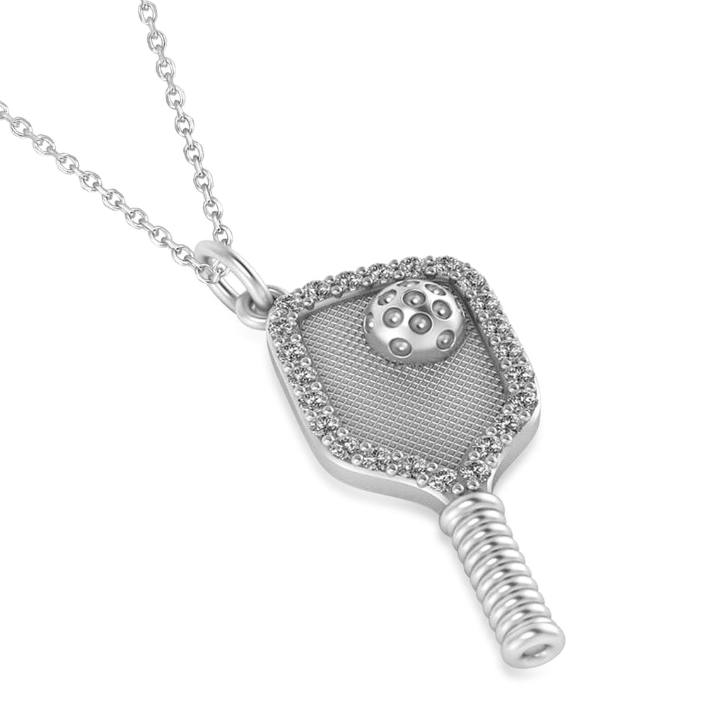 Diamond Pickleball Paddle Pendant Necklace 14k White Gold (0.50ct)