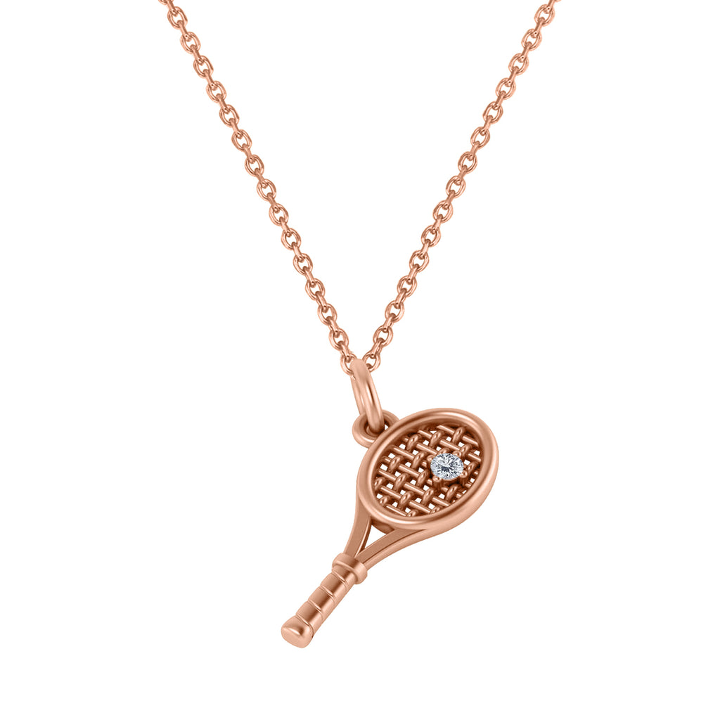 Tennis Racket With Diamond Ball Charm Pendant Necklace 14K Rose Gold (0.03ct)