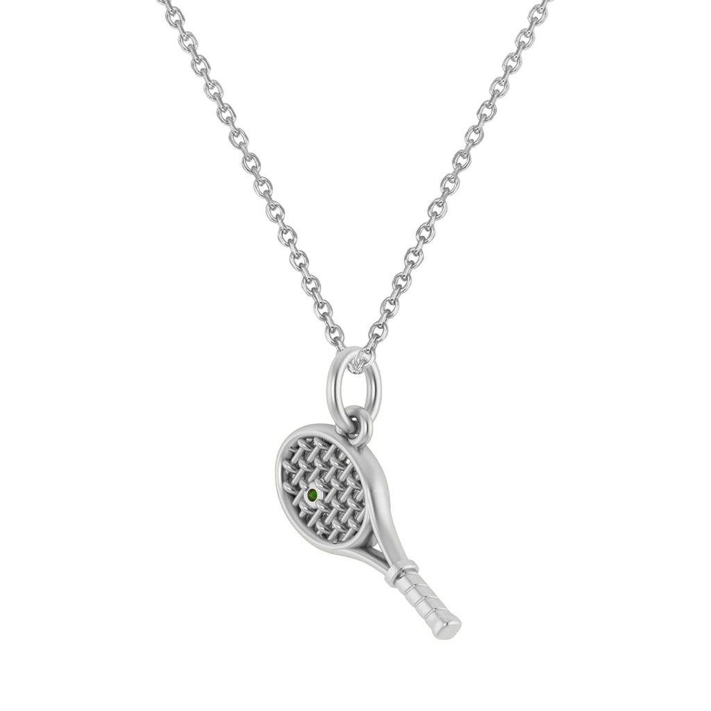 Tennis Racket With Emerald Ball Charm Pendant Necklace 14K White Gold (0.03ct)
