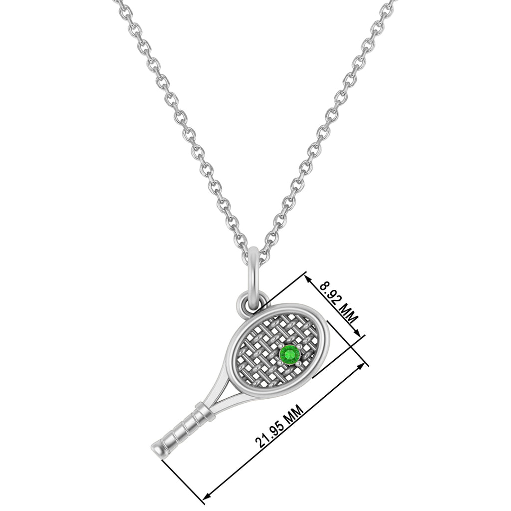 Tennis Racket With Emerald Ball Charm Pendant Necklace 14K White Gold (0.03ct)