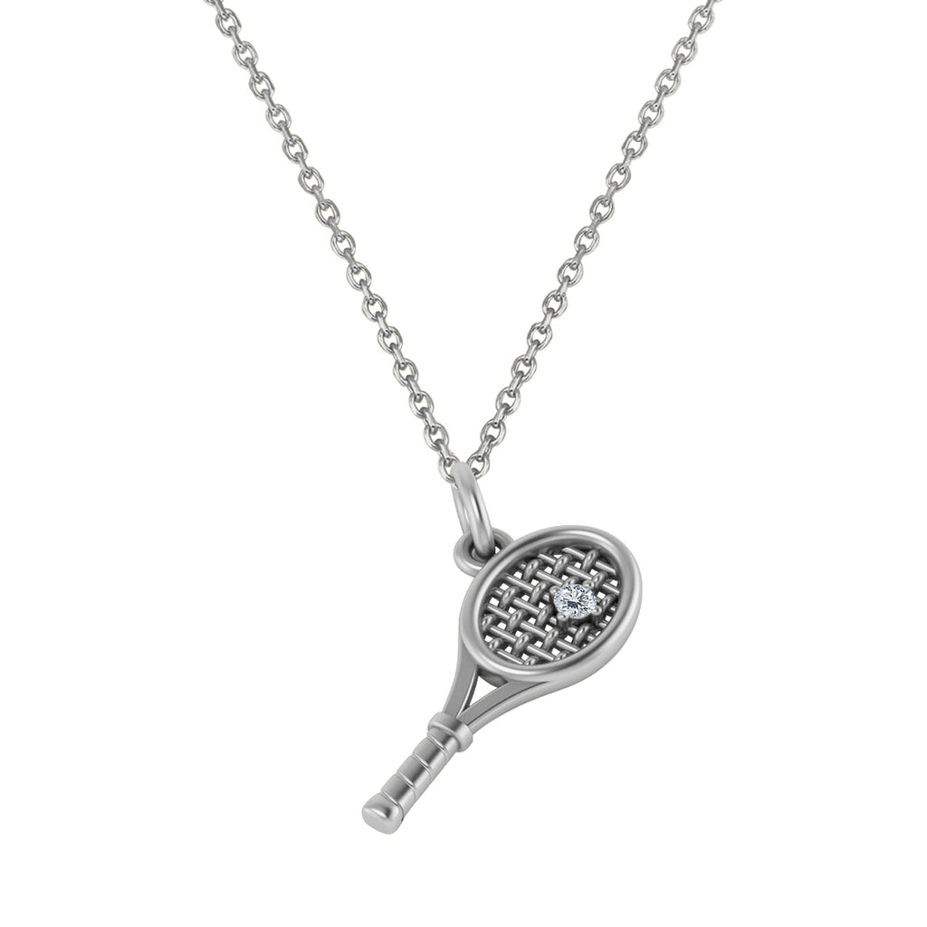 Tennis Racket With Diamond Ball Charm Pendant Necklace 14K White Gold (0.03ct)