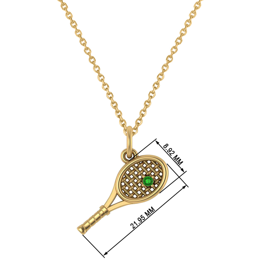 Tennis Racket With Emerald Ball Charm Pendant Necklace 14K Yellow Gold (0.03ct)