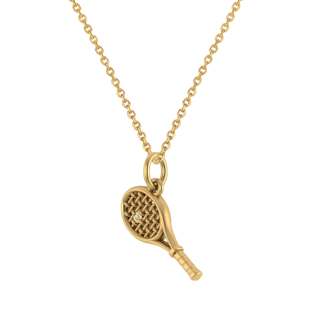 Tennis Racket With Diamond Ball Charm Pendant Necklace 14K Yellow Gold (0.03ct)
