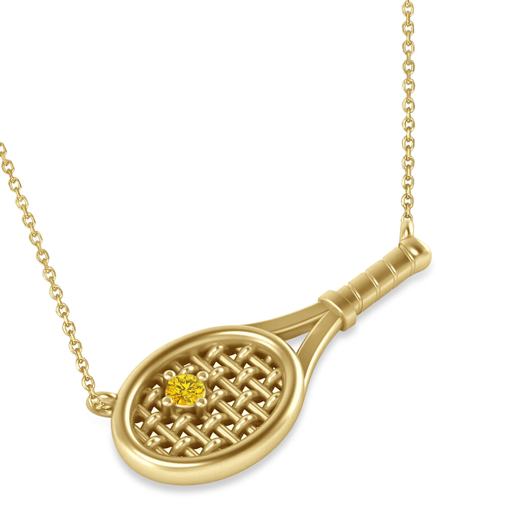 Tennis Racket with Yellow Sapphire Ball Pendant Necklace 14K Yellow Gold (0.05ct)