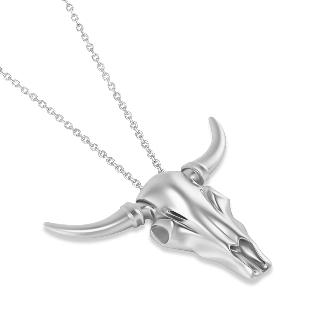 Steer Head Charm Pendant Necklace 14K White Gold