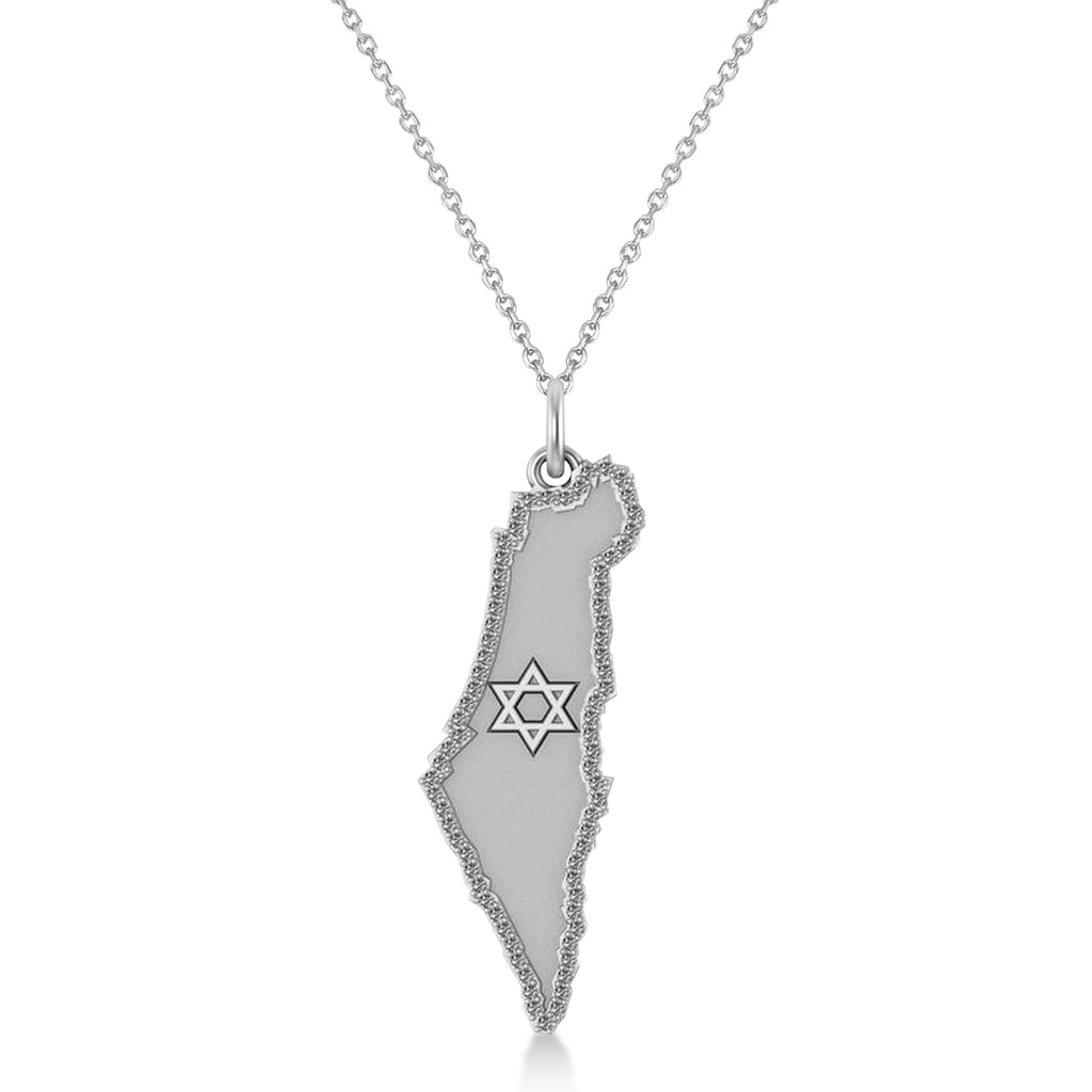 Diamond Accented Israel Map Pendant Necklace 14K White Gold (0.37ct)