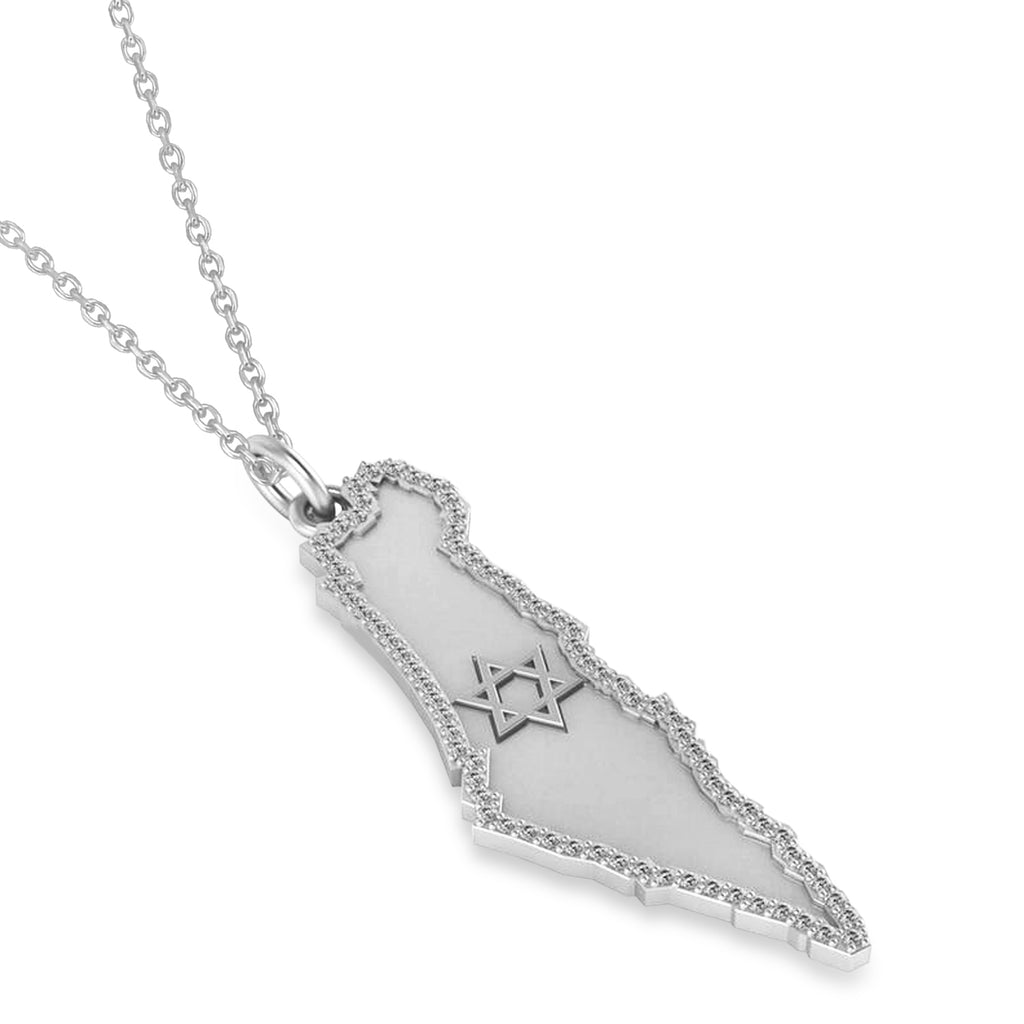 Diamond Accented Israel Map Pendant Necklace 14K White Gold (0.37ct)