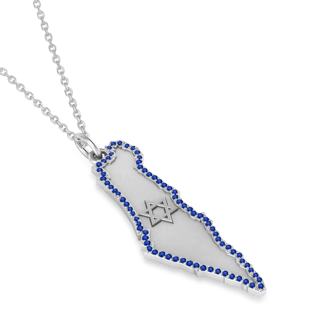 Blue Sapphire Israel Map Pendant Necklace 14K White Gold (0.37ct)