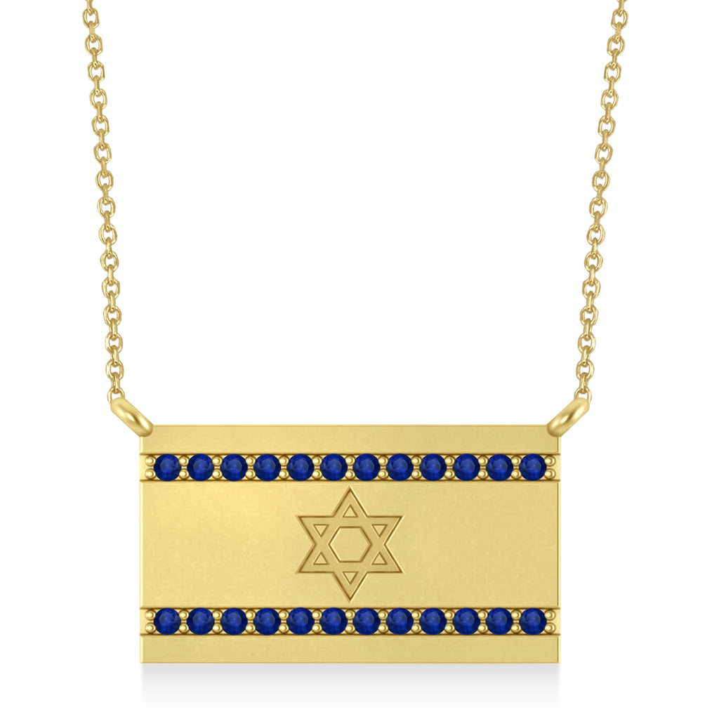 Blue Sapphire Israel Flag Pendant Necklace 14K Yellow Gold (0.24 ct)