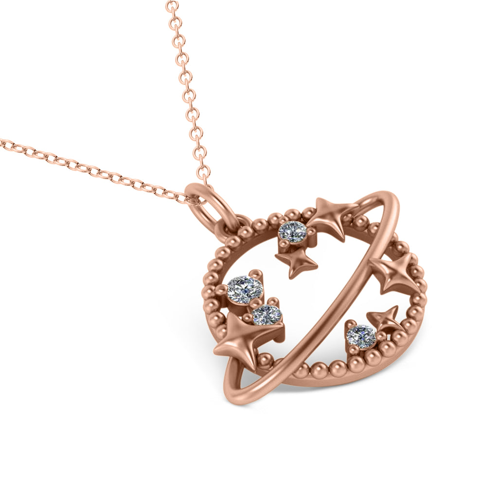 Diamond Planet & Stars Beaded Pendant Necklace 14K Rose Gold (0.25ct)
