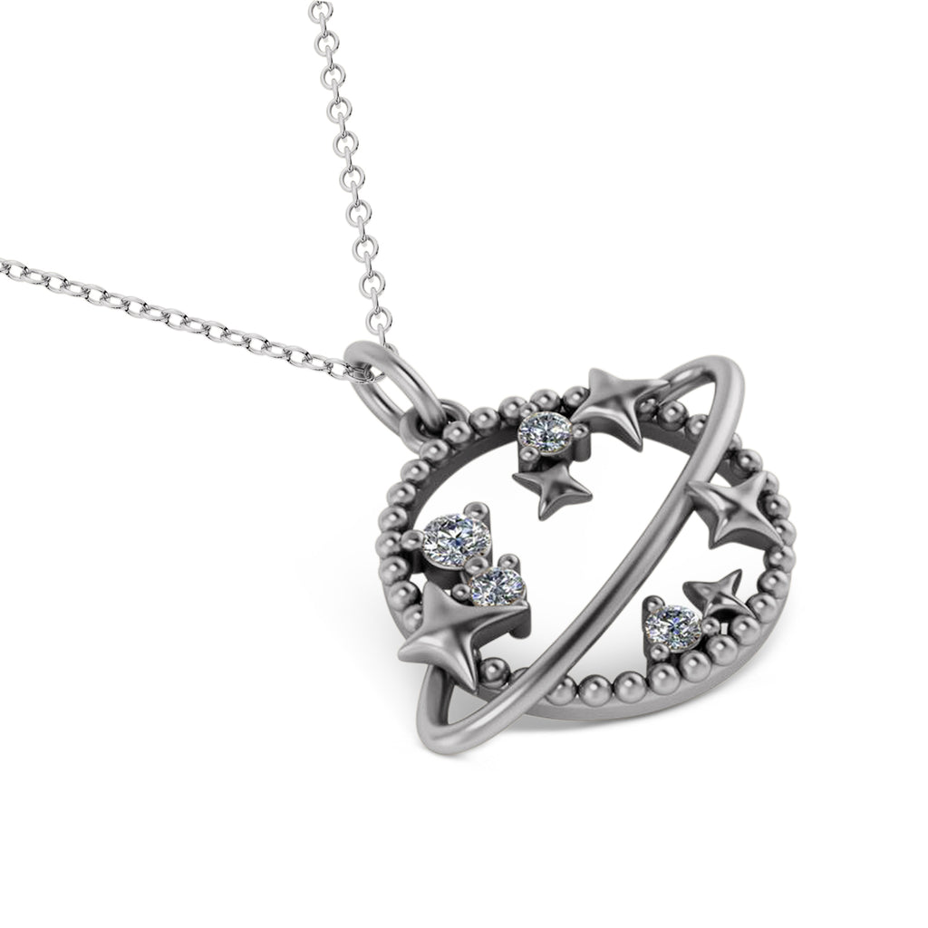 Diamond Planet & Stars Beaded Pendant Necklace 14K White Gold (0.25ct)