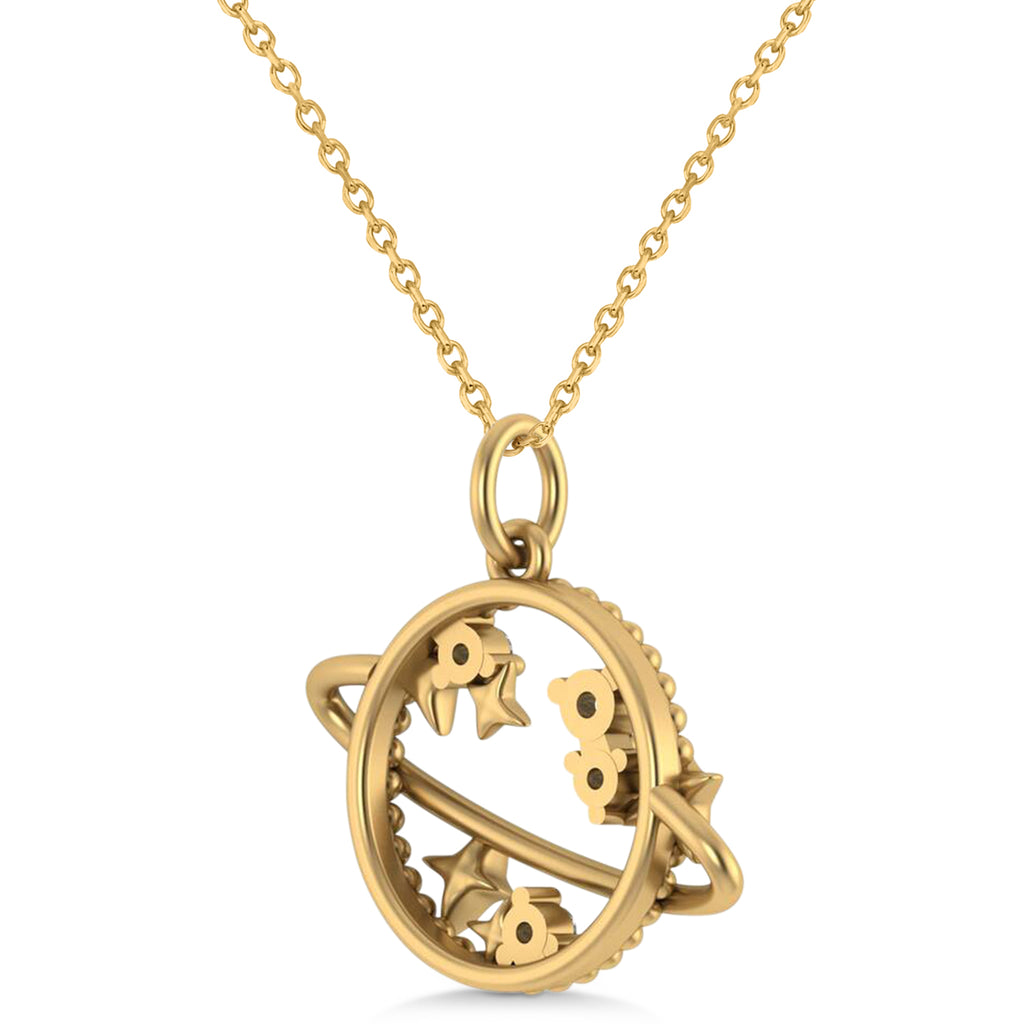 Diamond Planet & Stars Beaded Pendant Necklace 14K Yellow Gold (0.25ct)