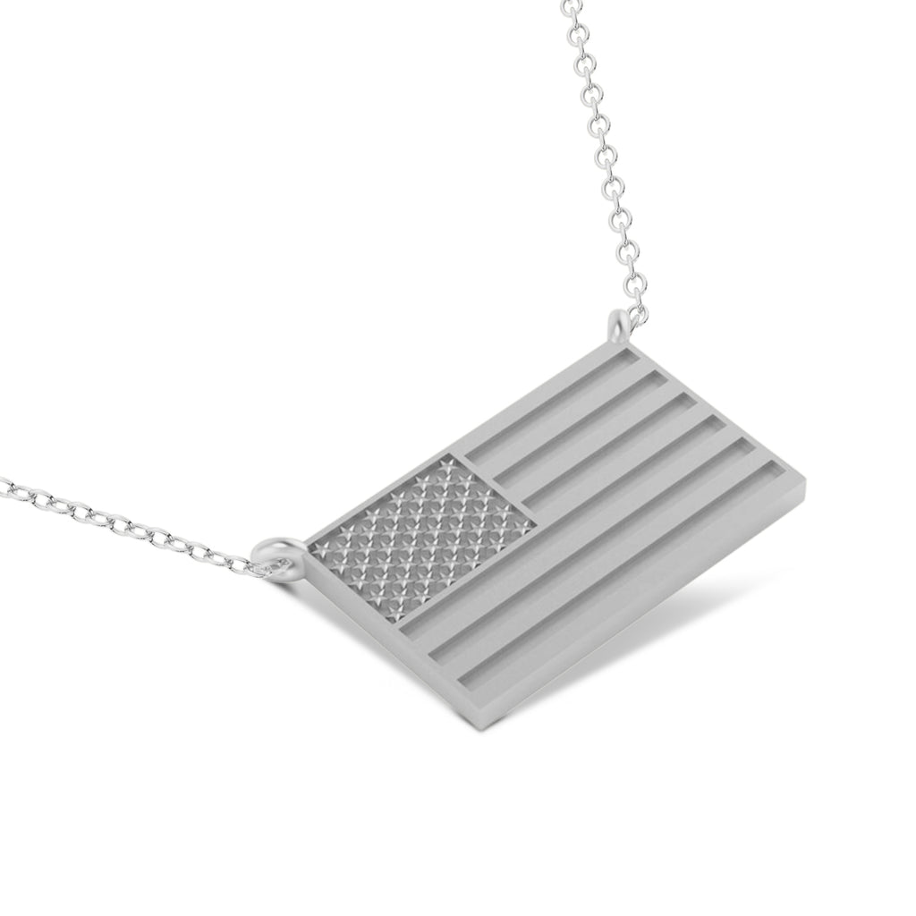 USA Flag Patriotic Pendant Necklace 14K White Gold