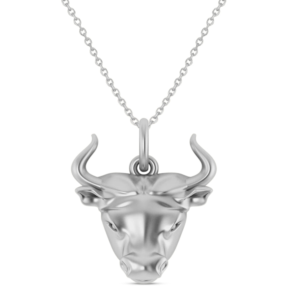 Bull Head Charm Pendant Necklace 14K White Gold