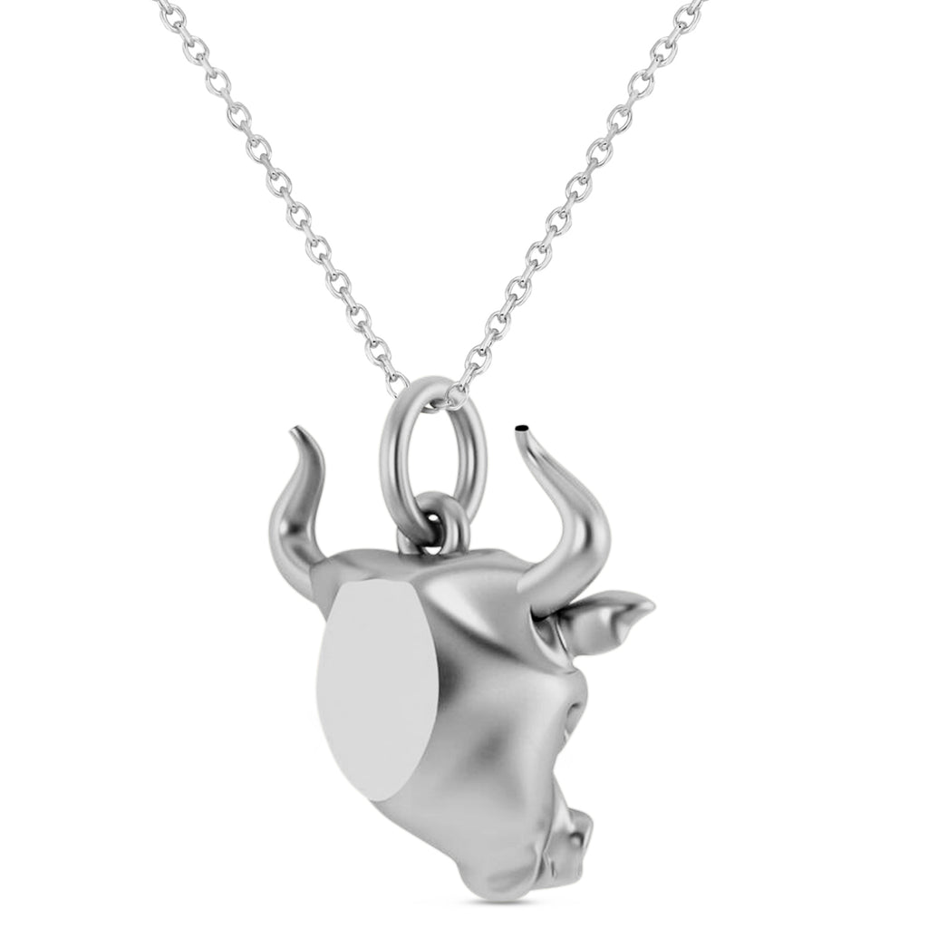 Bull Head Charm Pendant Necklace 14K White Gold