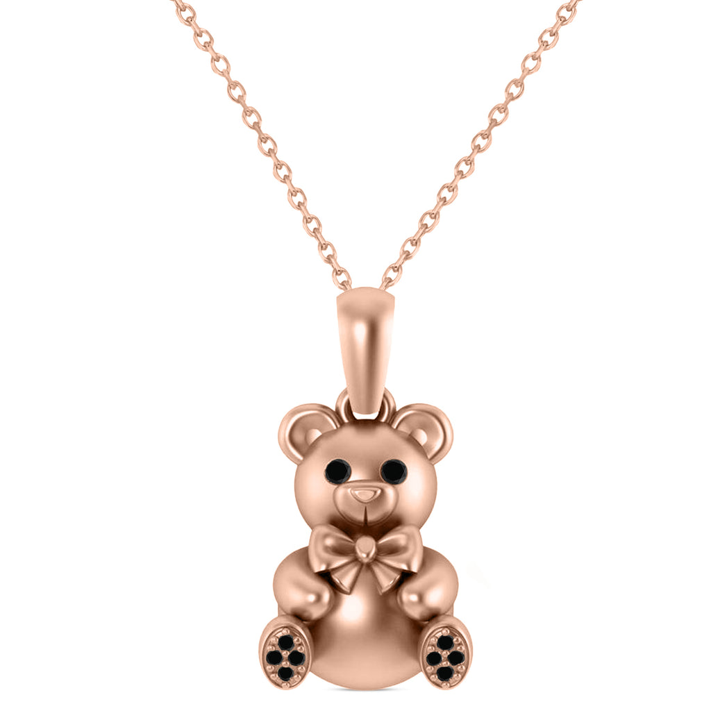 Black Diamond Teddy Bear Charm Pendant Necklace 14K Rose Gold (0.07ct)