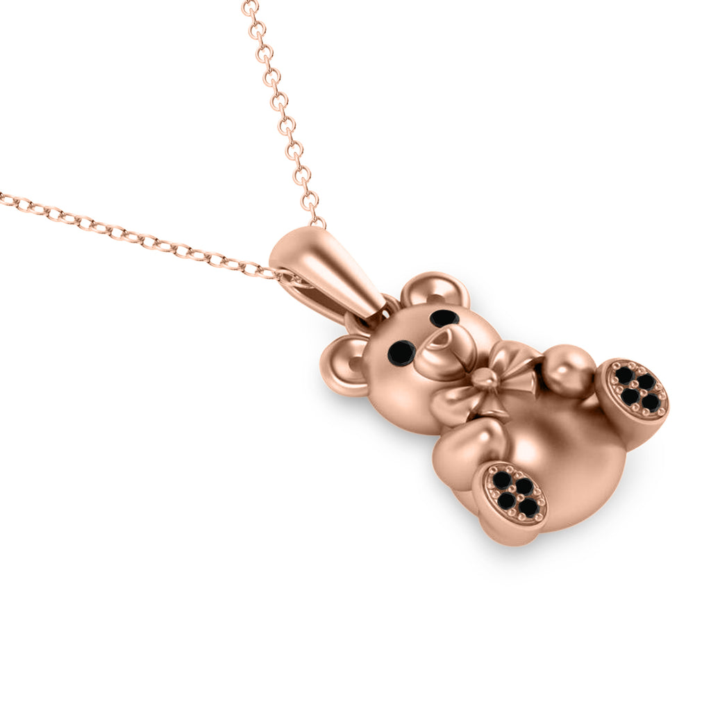 Black Diamond Teddy Bear Charm Pendant Necklace 14K Rose Gold (0.07ct)