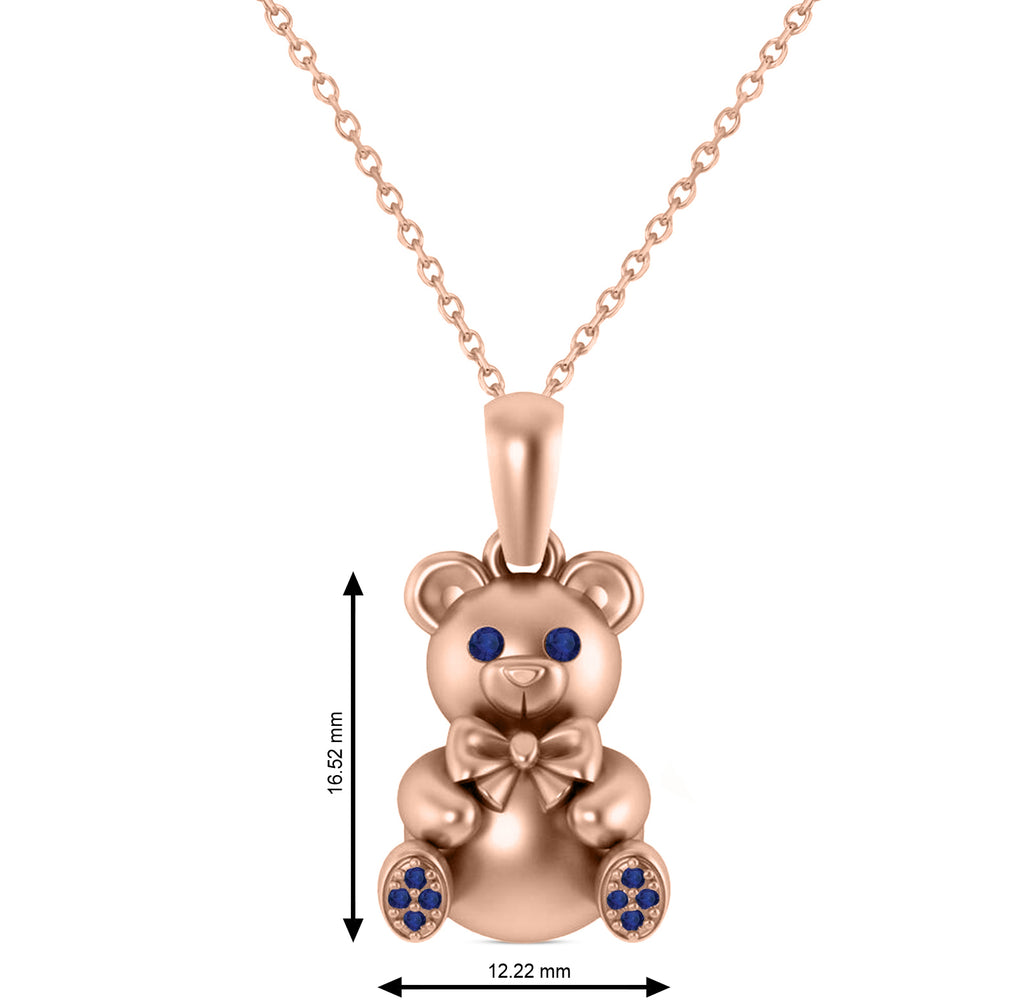 Blue Sapphire Teddy Bear Charm Pendant Necklace 14K Rose Gold (0.12ct)