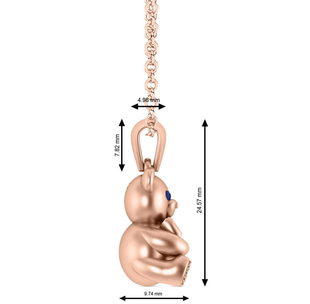 Blue Sapphire Teddy Bear Charm Pendant Necklace 14K Rose Gold (0.12ct)