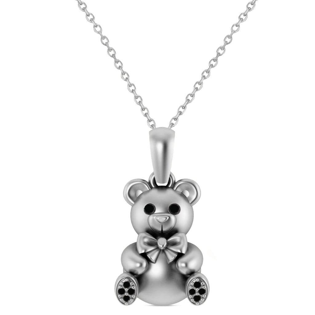Black Diamond Teddy Bear Charm Pendant Necklace 14K White Gold (0.07ct)