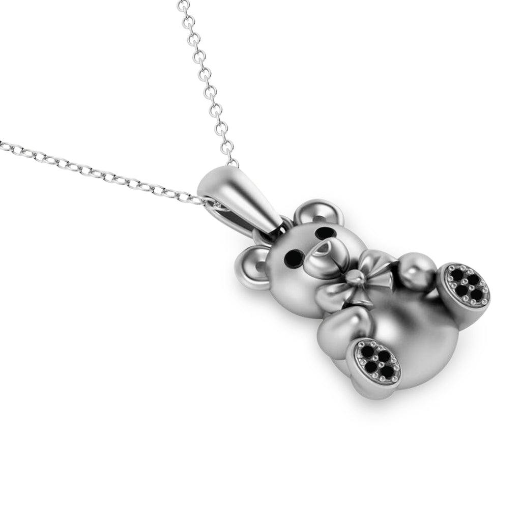 Black Diamond Teddy Bear Charm Pendant Necklace 14K White Gold (0.07ct)