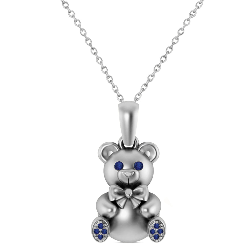 Blue Sapphire Teddy Bear Charm Pendant Necklace 14K White Gold (0.12ct)