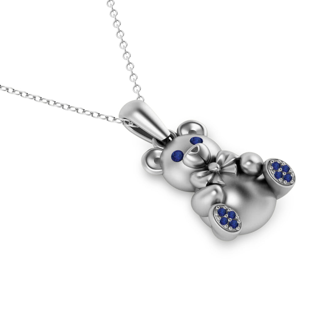 Blue Sapphire Teddy Bear Charm Pendant Necklace 14K White Gold (0.12ct)