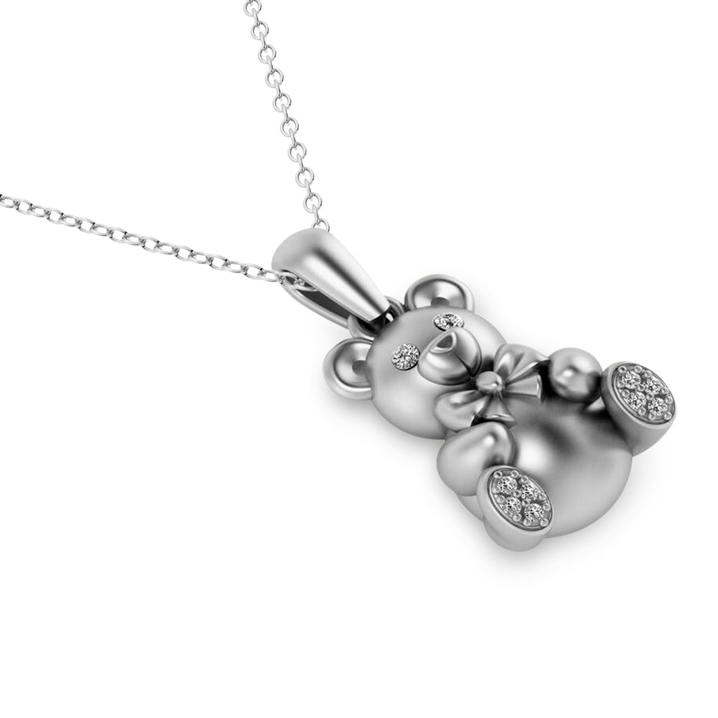 Diamond Teddy Bear Charm Pendant Necklace 14K White Gold (0.07ct)