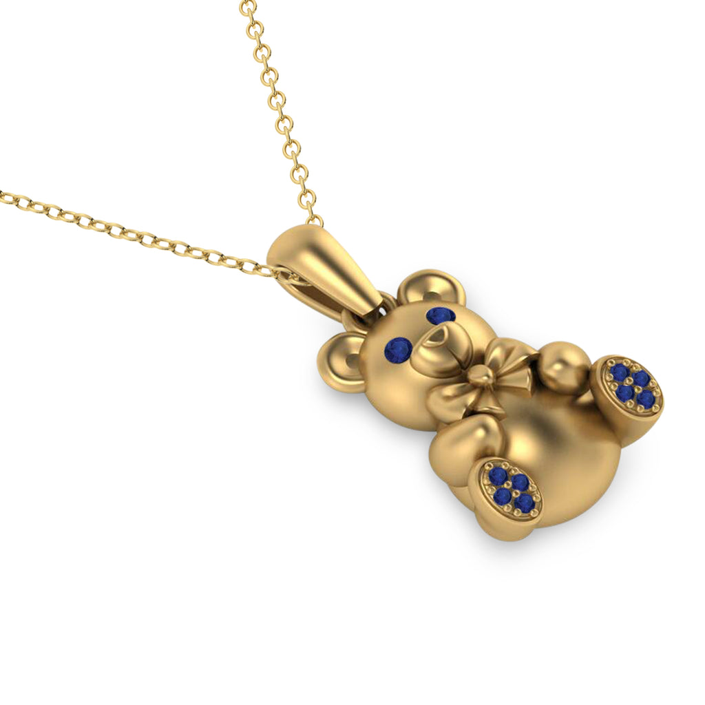 Blue Sapphire Teddy Bear Charm Pendant Necklace 14K Yellow Gold (0.12ct)
