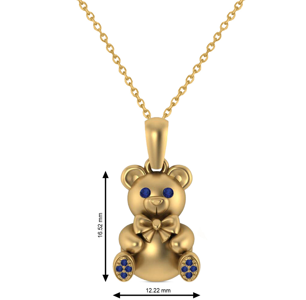 Blue Sapphire Teddy Bear Charm Pendant Necklace 14K Yellow Gold (0.12ct)