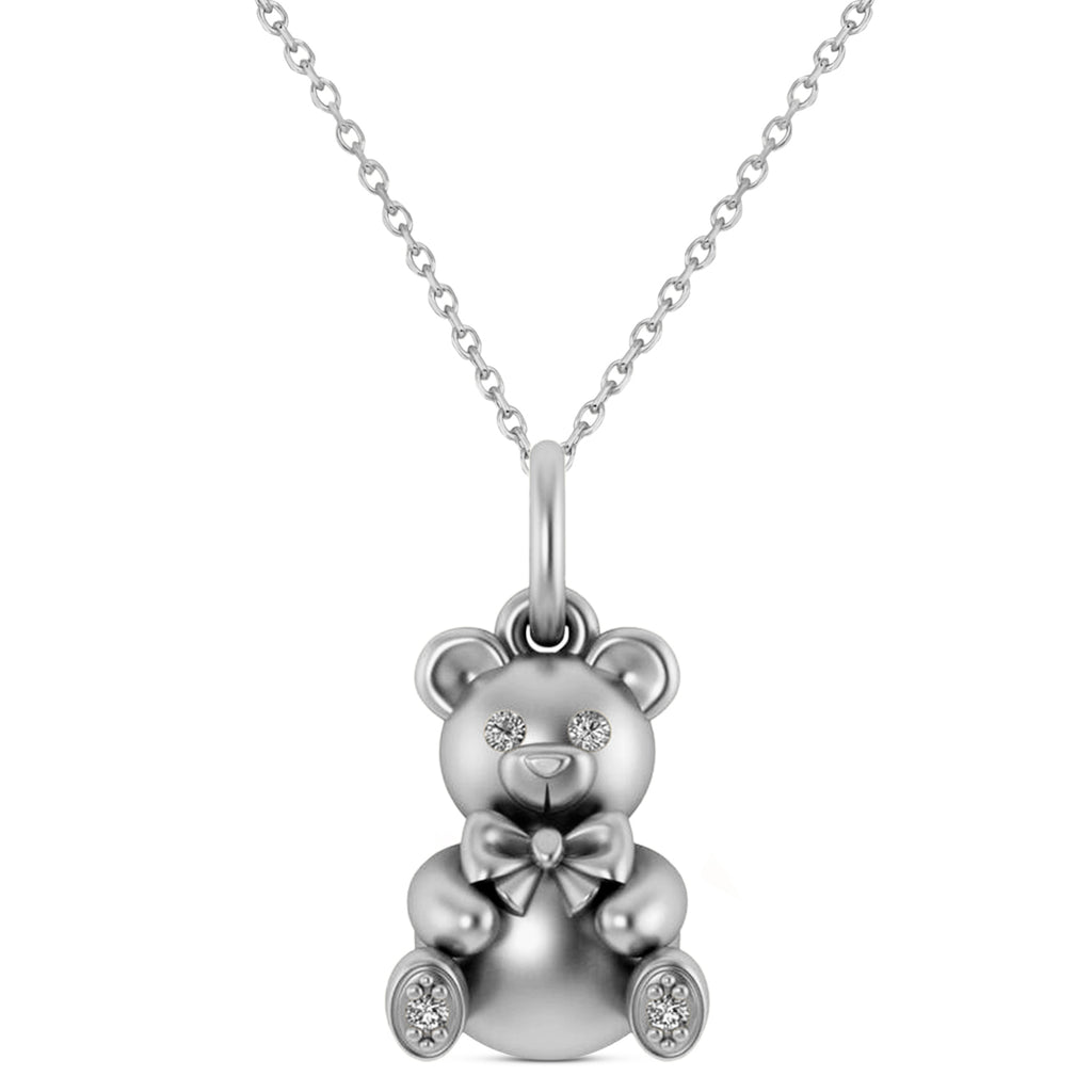 Diamond Teddy Bear Charm Pendant Necklace 14K White Gold (0.04ct)