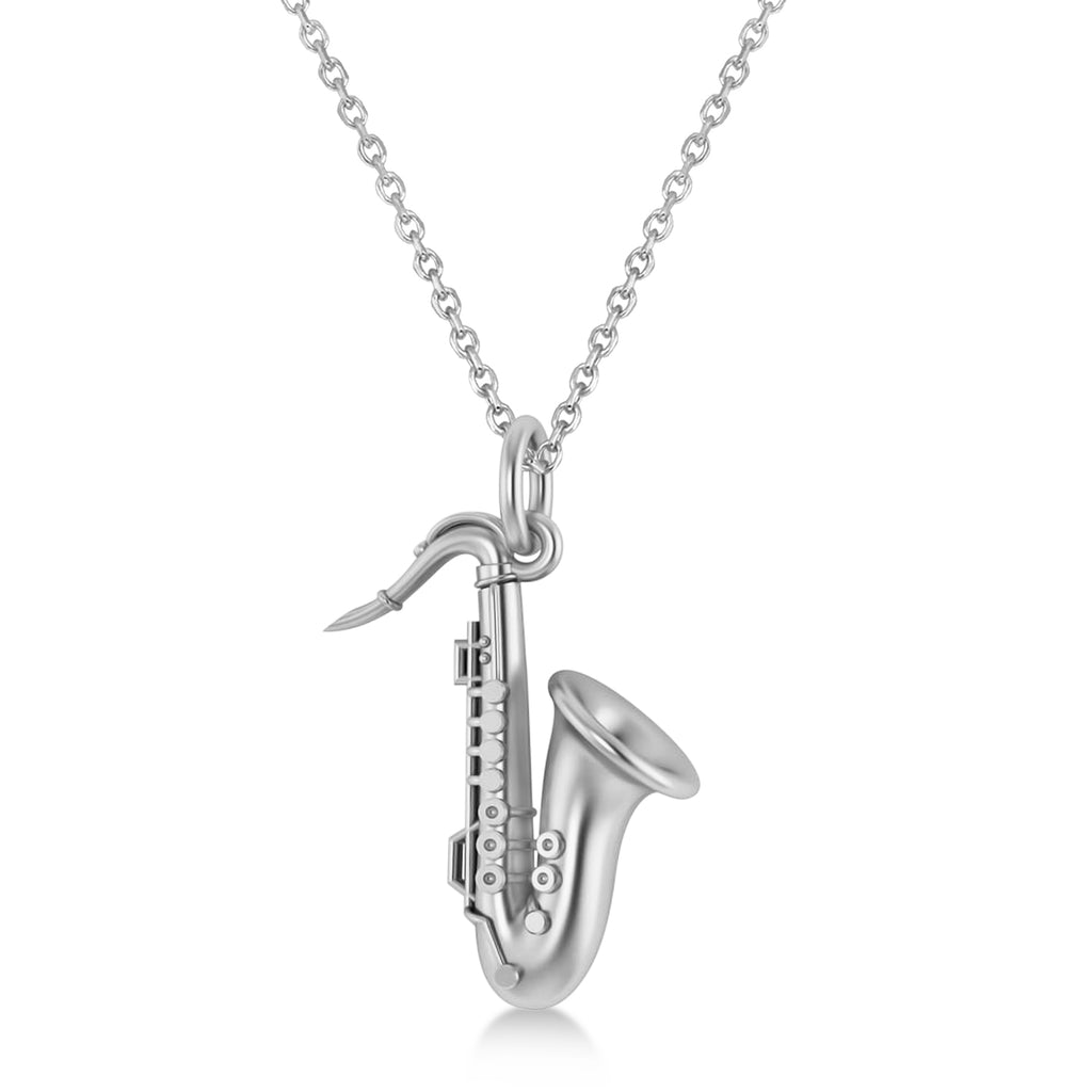 Saxophone Music Pendant Necklace 14K White Gold