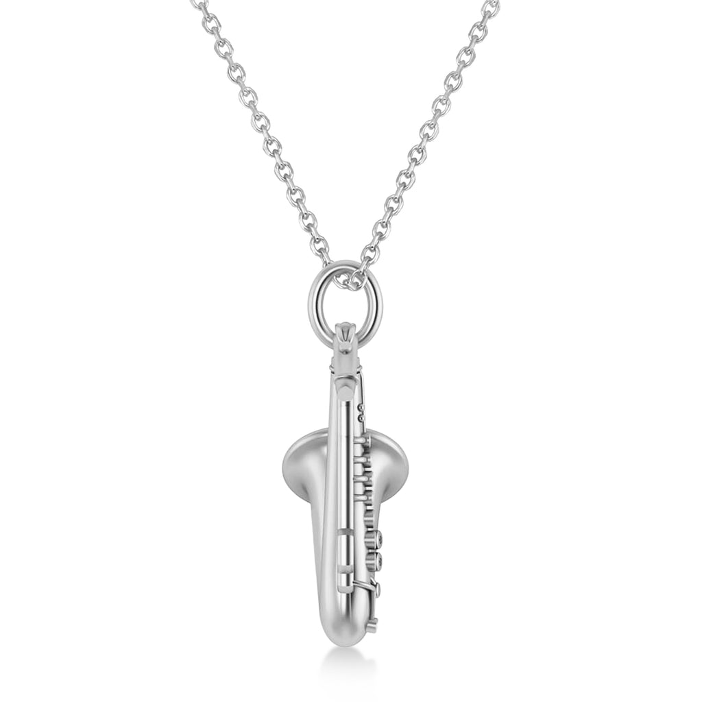 Saxophone Music Pendant Necklace 14K White Gold