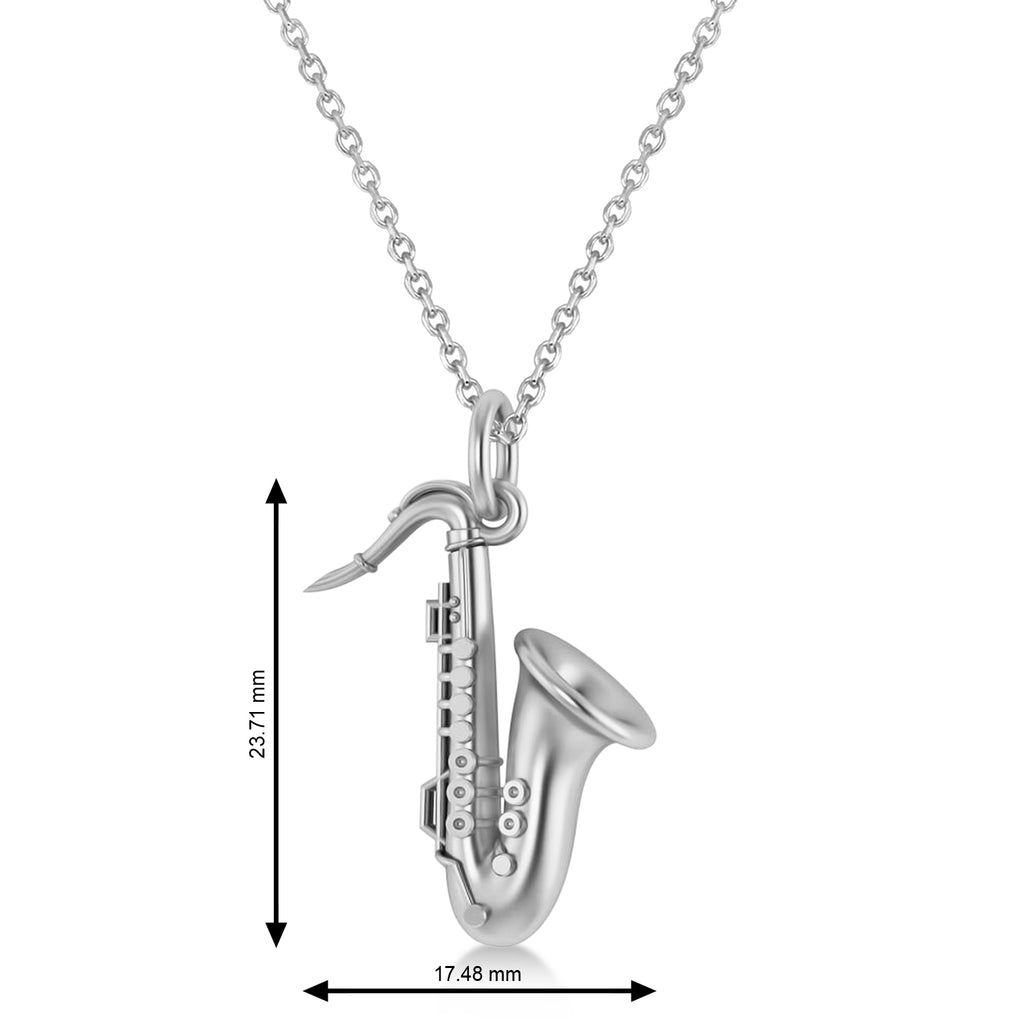 Saxophone Music Pendant Necklace 14K White Gold