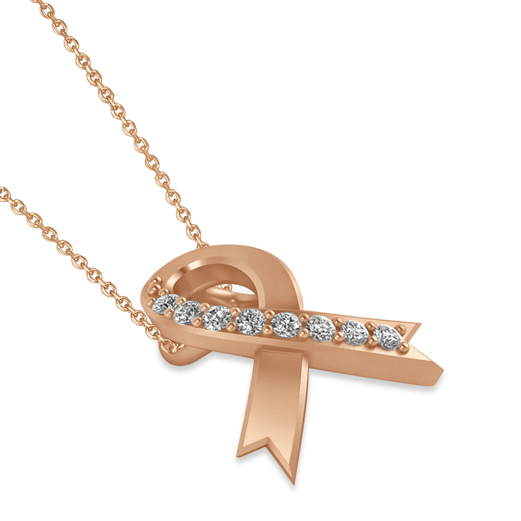 Diamond Awareness Ribbon Charm Pendant Necklace 14K Rose Gold (0.12ct)