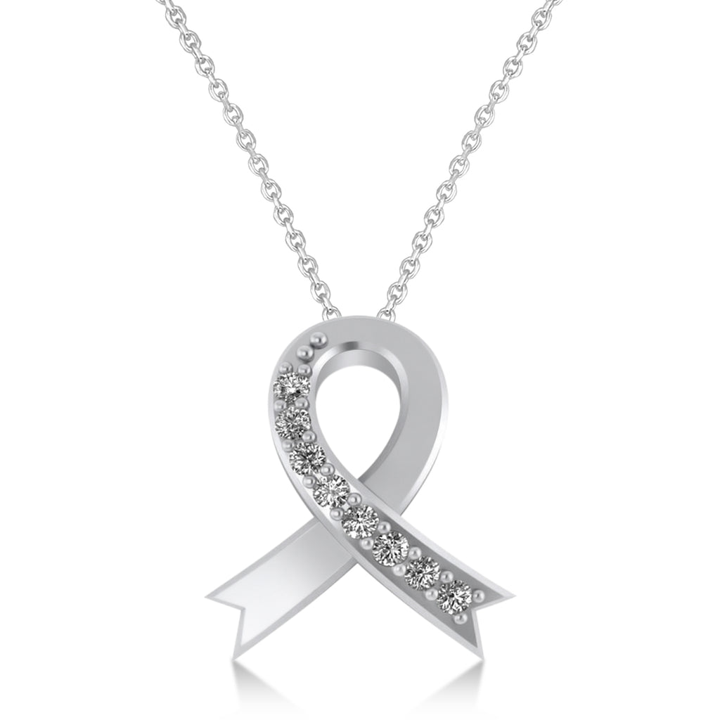 Diamond Awareness Ribbon Charm Pendant Necklace 14K White Gold (0.12ct)