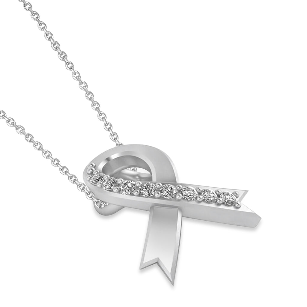 Diamond Awareness Ribbon Charm Pendant Necklace 14K White Gold (0.12ct)