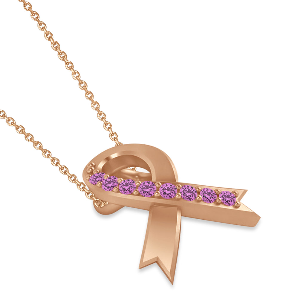 Pink Sapphire Ribbon Awareness Charm Pendant Necklace 14K Rose Gold (0.16ct)