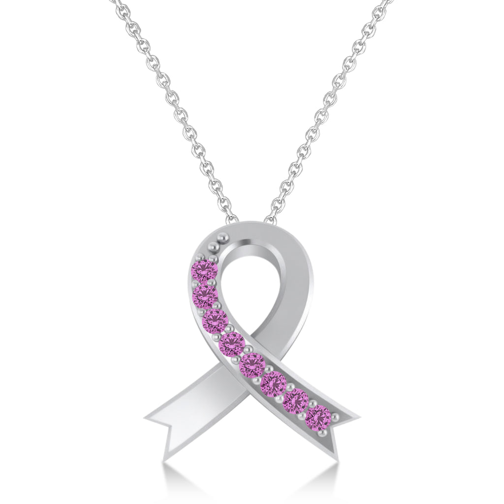 Pink Sapphire Ribbon Awareness Charm Pendant Necklace 14K White Gold (0.16ct)
